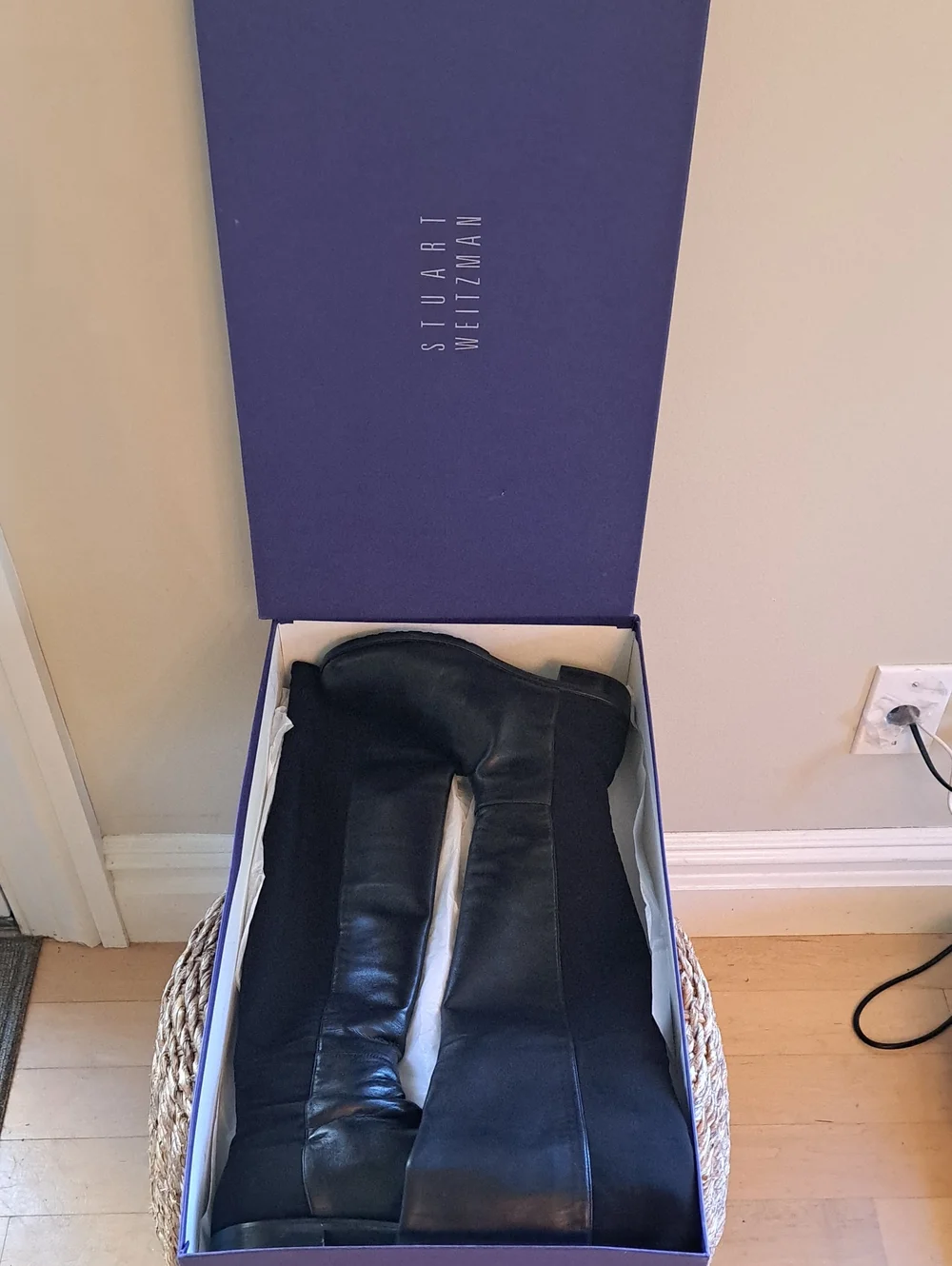 Stuart Weitzman Womens Luxury Over-the-Knee 50/50 Black Leather/Stretch Boots 8